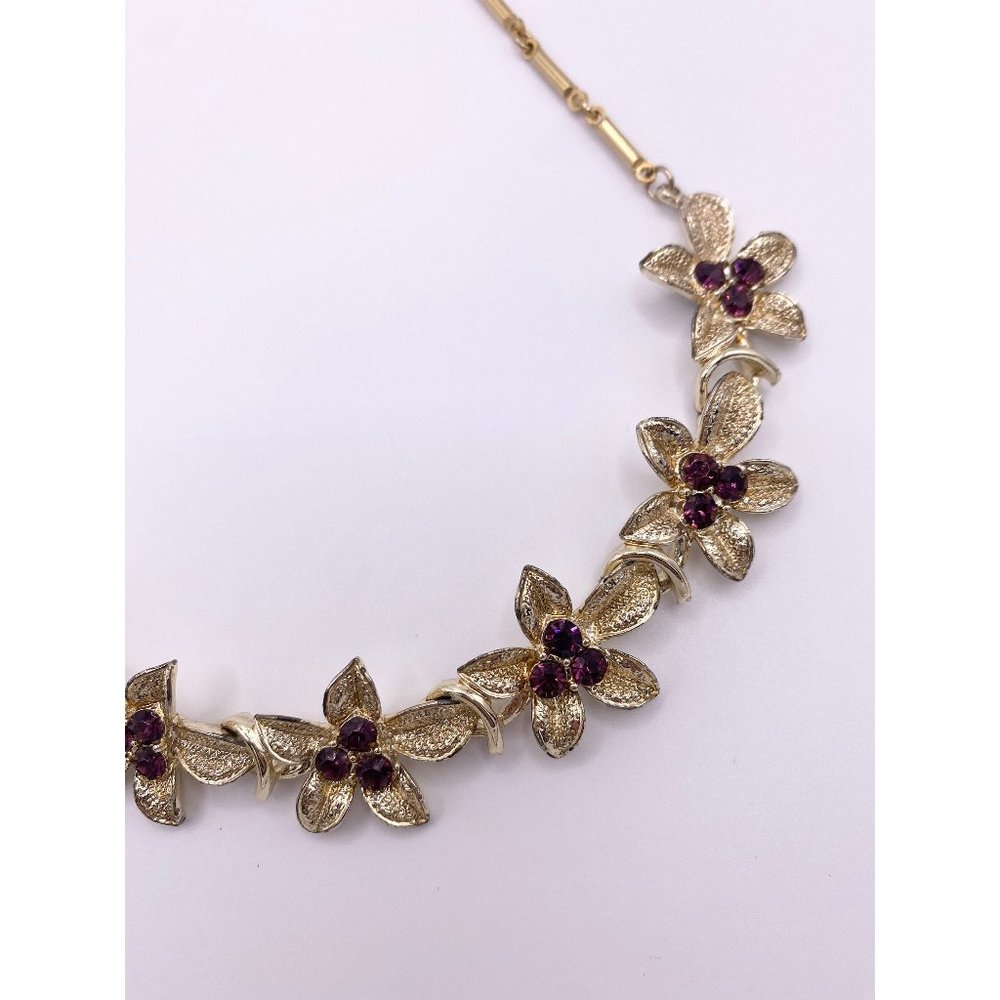 Vintage purple flowers necklace on gold chain | Free Gift Card Included